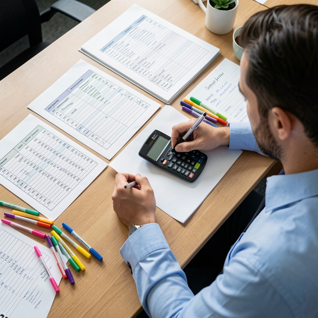 Ofis masasında bütçe sapma tabloları, renkli kalemler ve hesap makinesiyle çalışan bir muhasebecinin üstten görünümü