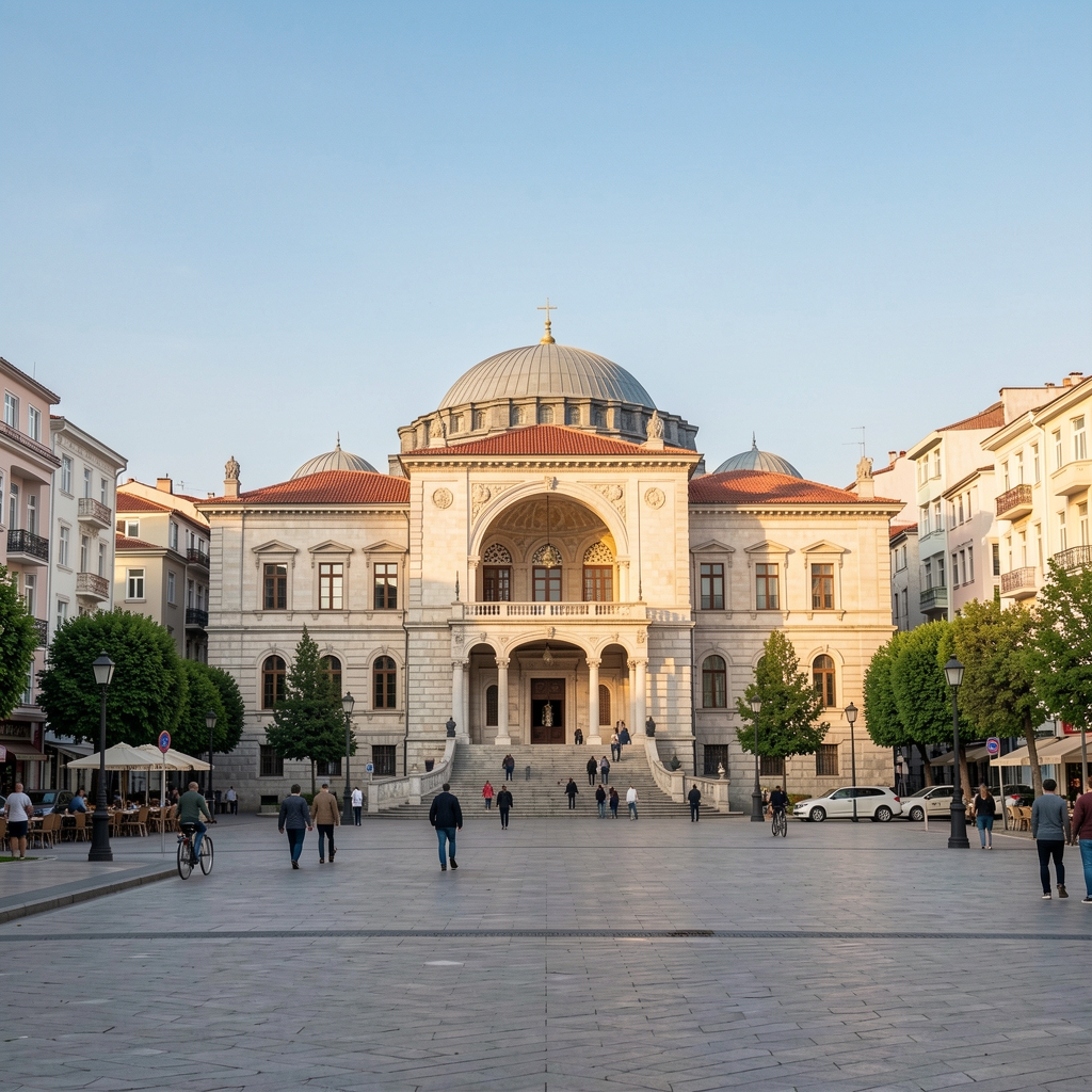 İzmir Konak'ta modern cam cepheli bir ofis binasının girişi, giriş holünde Vistas tabelası ve profesyonel dekor