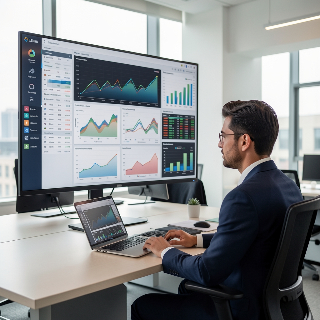 Modern ofis ortamında büyük ekranda gösterilen finansal tablolar, grafikler ve maliyet analizi grafikleri ile çalışan bir analist
