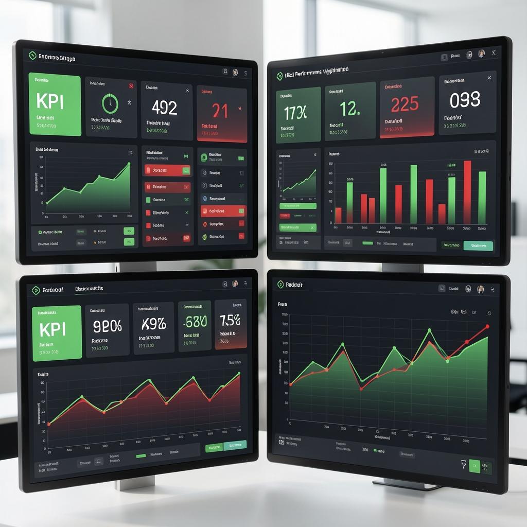 Dijital performans yönetim panosu, dört perspektifli dengeli puan kartı görseli, yeşil ve kırmızı KPI indikatörleri ile trend grafiklerini gösteren kurumsal dashboard ekranı